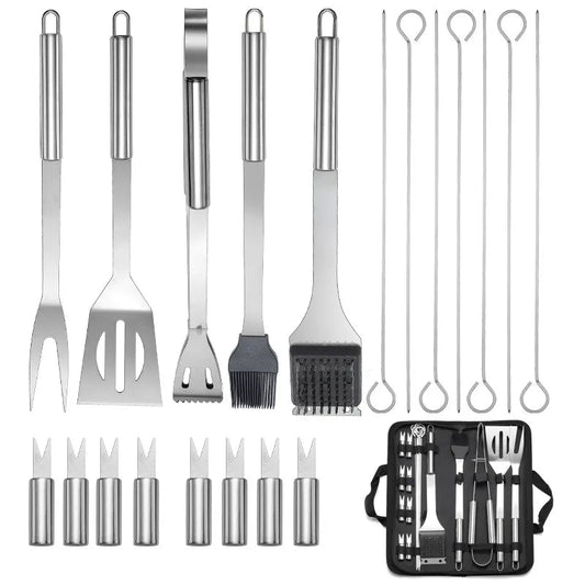 20Pcs BBQ Grill Tool Set - Heavy Duty Stainless Steel Grilling Accessories Kit with Canvas Bag - greenish