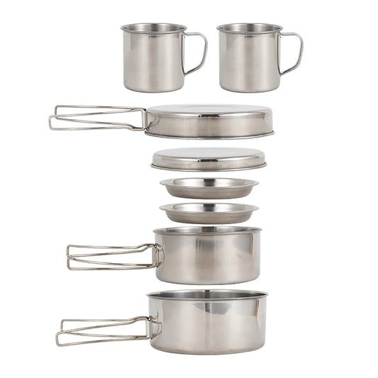 8pcs Stainless Steel Camping Cookware Set with Plates & Cups - greenish