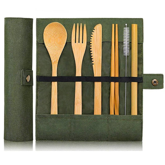 Bamboo Utensils Wooden Travel Cutlery Set Reusable Utensils With Pouch Camping Utensils Zero Waste Fork Spoon Knife Flatware Set - greenish