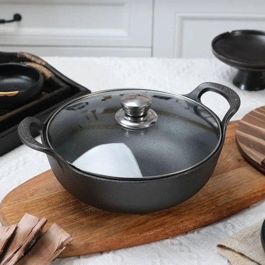 Cast Iron Yuanbao Frying Pan / Stew Pot with Glass Lid - greenish