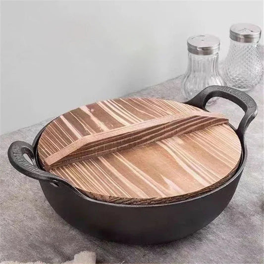 Cast Iron Yuanbao Frying Pan / Stew Pot with Wooden Lid - greenish